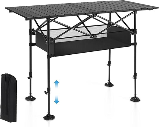 ALPHA CAMP Folding Camping Table, Portable Roll-up Table with Adjustable Height, Large Storage Bag and Carrying Bag, Tall Aluminum Table for Indoor & Outdoor Picnic BBQ Backyards Beach