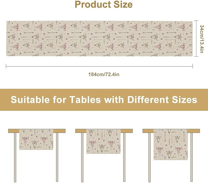 Western Boho Table Runner, Aztec Native Tribal Bull Skull Southwestern Bohemian Geometric Floral Pattern Table Runner for Home Kitchen Dining Party Farmhouse Cafe 13x60in