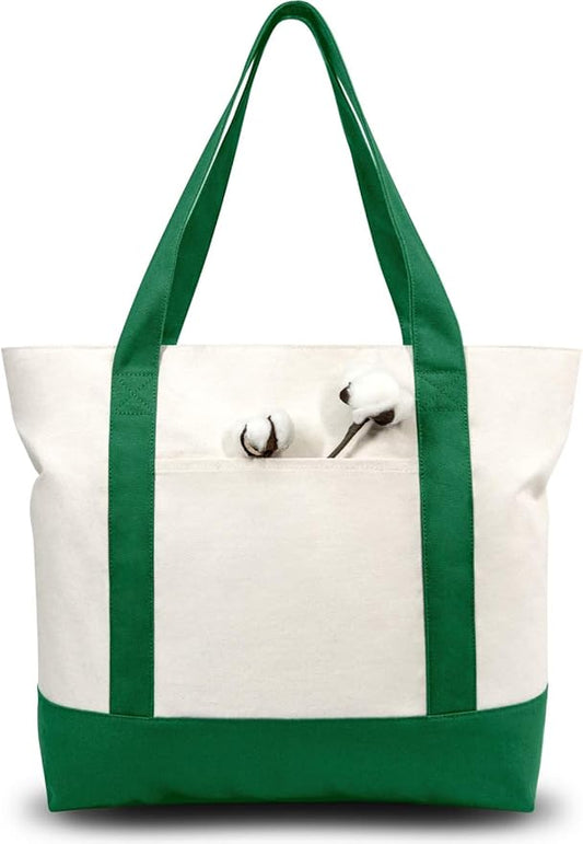 TOPDesign 3-Pack Canvas Tote Bags with an External Pocket, Reusable Grocery Shopping Bags, Top Zipper Closure, Daily Essentials (Green/Natural)