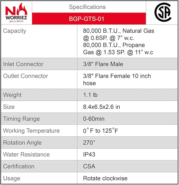 NO WORRIEZ Safety Auto Shut-Off Gas Timer for Propane & Natural Gas | Outdoor Grill, Fire Pit, Pizza Oven | – 100,000 BTU w/ 3/8" Flared Assembly Connector & Hose, Patent Pending