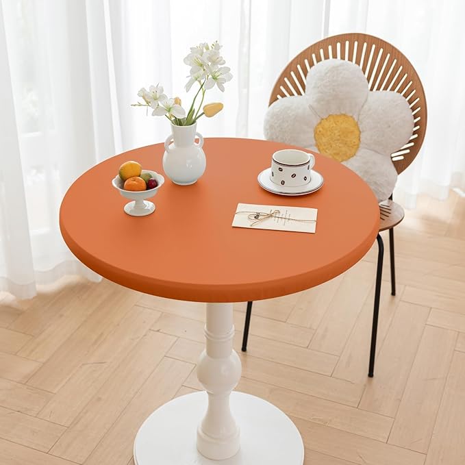 Fall Round Fitted PU Tablecloth with High Elastic Edge 31 Inch Dia Waterproof Oil Proof Table Cloth Anti-Scald Stain-Resistant Wipeable Table Cover for Indoor Outdoor Picnic (Orange,31" Dia)