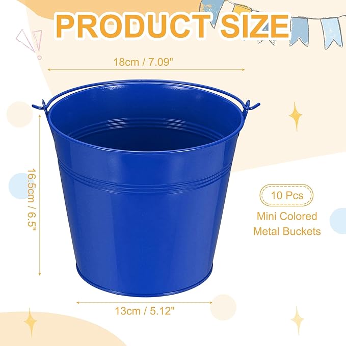 Small Metal Buckets, Mini Buckets with Handle Galvanized Colored Tin Pail Containers Basket Party Supplies - Fit for (Halloween - Classroom Crafts) 7" & 10Pcs & Dark Blue
