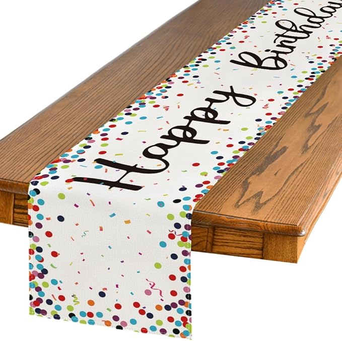 Artoid Mode Polka Dot Beige Happy Birthday Table Runner, Seasonal Kitchen Dining Table Decoration for Home Party Decor 13x48 Inch