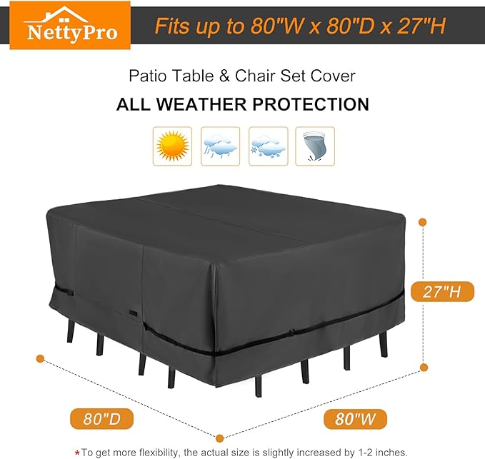 NettyPro Patio Table Cover Square 80 x 80 Inch, Waterproof Outdoor Furniture Dining Set Covers for Table and Chair, Black