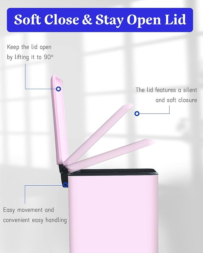 Bathroom Trash Can with Lid, 16.7L/ 4.4 Gallon Trash Can with Removable Inner Bucket, Soft Close lid, Stainless Steel Step Pedal Garbage Can for Bedroom, Kitchen, Home Office, Pink