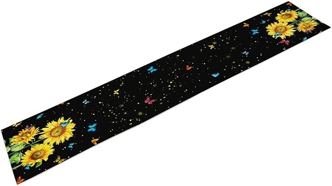 Farmhouse Sunflower Table Runner, Black Starry Spring Yellow Flowers Botanical Butterfly Table Runners for Dining Kitchen Holiday Party Table Decor, 13x90inch