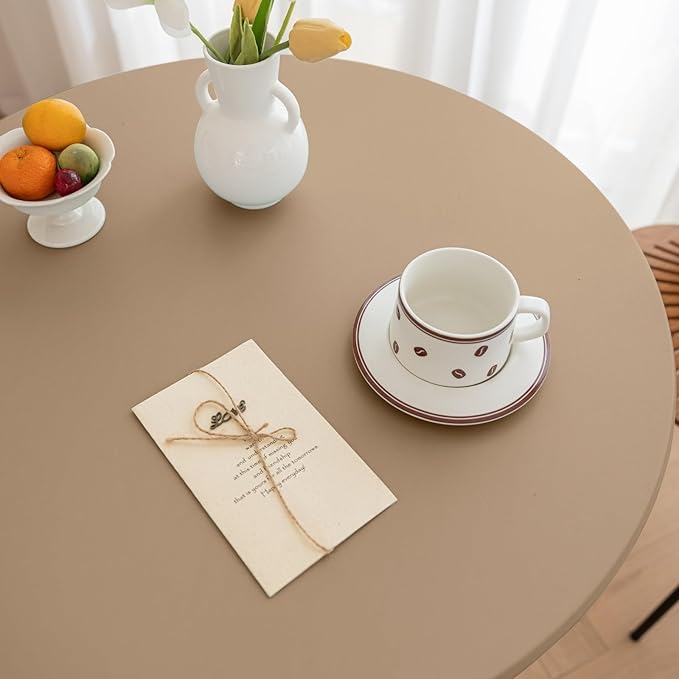 Round Fitted PU Tablecloth with High Elastic Edge 43 Inch Dia Waterproof Oil Proof Table Cloth Anti-scald Stain-Resistant Wipeable Table Cover for Indoor Outdoor Picnic (Cream Coffee,43"Dia)