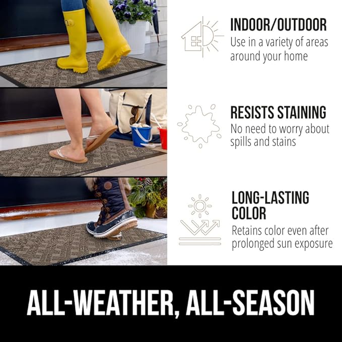 GORILLA GRIP 100% Waterproof All-Season WeatherMax Doormat, US Designed Natural Rubber, Stain and Fade Resistant, Low Profile Indoor Outdoor Door Mats, Easy Clean Patio Mat, 17x29, Taupe Basket Weave