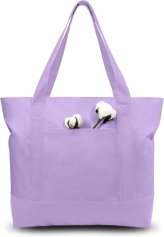TOPDesign 6-Pack Canvas Tote Bags with an External Pocket, Reusable Grocery Shopping Bags, Top Zipper Closure, Daily Essentials (Lavender)