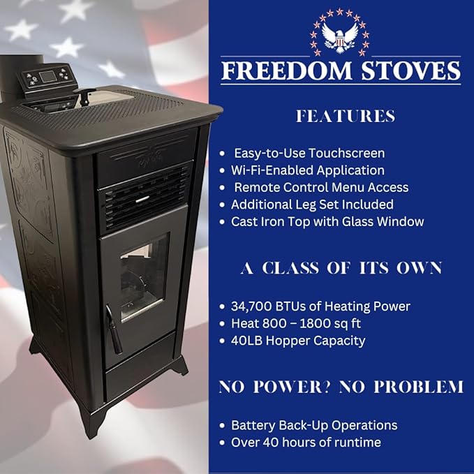 Freedom Stoves Independence PS21 Pellet Stove: Freestanding Heater with Battery Backup & Wi-Fi, Heats up to 1800 sq ft, Red Vintage Edition