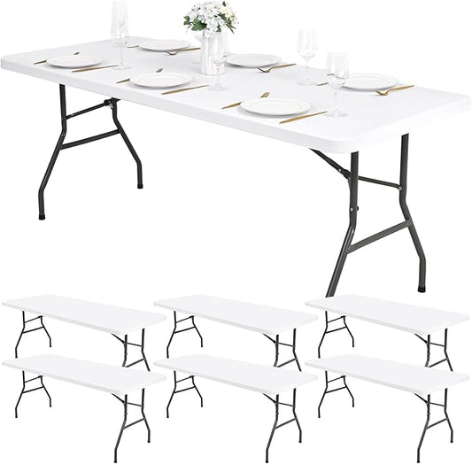 6 Pack Stretch Fabric Table Top Cap Cover, fits 8Ft Tables, Spandex Table Covers Washable Elastic Universal Rectangle Tablecloth Protector for Indoor Outdoor Party Picnic Wedding, White, 30" W x 96" L
