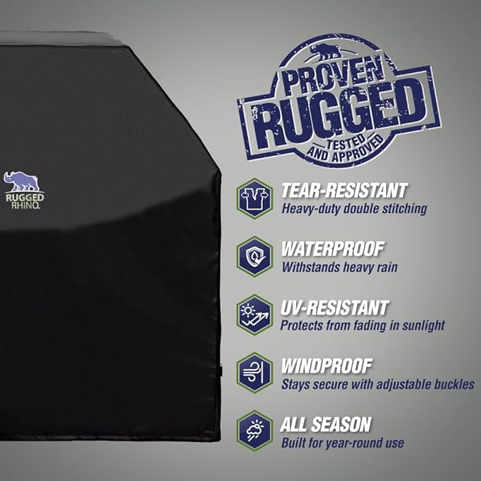 RUGGED RHINO 52 Inch Heavy Duty Grill Cover for Outdoor Grills, All Season Three Layer Waterproof UV Resistant Windproof Gas BBQ Covers, Compatible for Weber Char-Broil Pit Boss Traeger and More Black