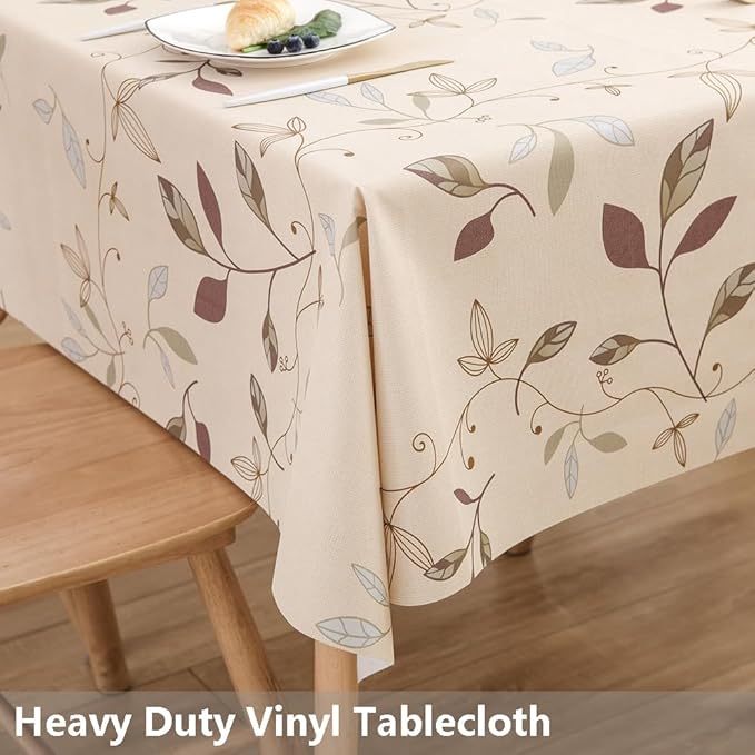 TruDelve Heavy Duty Vinyl Tablecloth Beige Plastic Table Cloth Waterproof Wipeable Oilcloth Table Cloth Rectangle Table (54'' x 78'', Leaves)