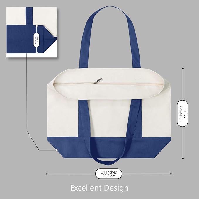 TOPDesign 6-Pack Canvas Tote Bags with an External Pocket, Reusable Grocery Shopping Bags, Top Zipper Closure, Daily Essentials (Blue/Natural)