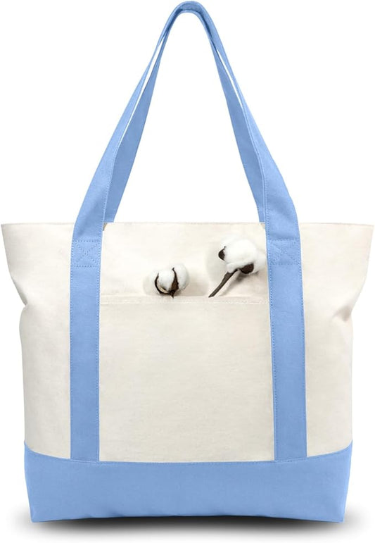 TOPDesign 3-Pack Canvas Tote Bags with an External Pocket, Reusable Grocery Shopping Bags, Top Zipper Closure, Daily Essentials (Light Blue/Natural)