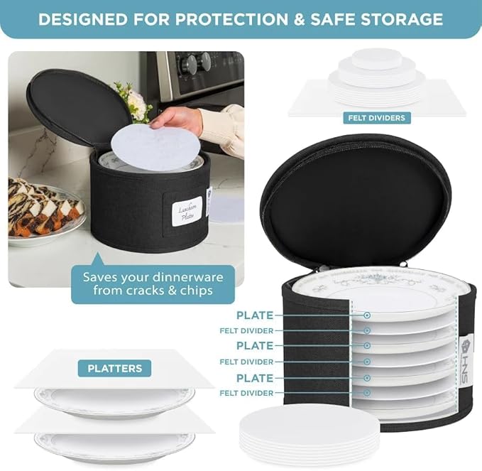 China Storage Hard Shell Containers 12-Piece Set Moving Boxes for Dinnerware, Glasses, Plates, Mugs and Saucers Sturdy Dish Organizer with Dividers for Seasonal Storage - Service for 12 - Black
