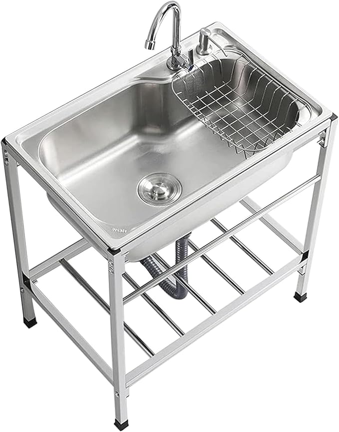 Outdoor Garden Sink Single Trough For Washing, Small Stainless Steel Utility Kitchen Hand Basin Station Sink Tub with Storage Shelve and Faucet, for Restaurant, Bar, Laundry, Garage, Backyard(70*46*80
