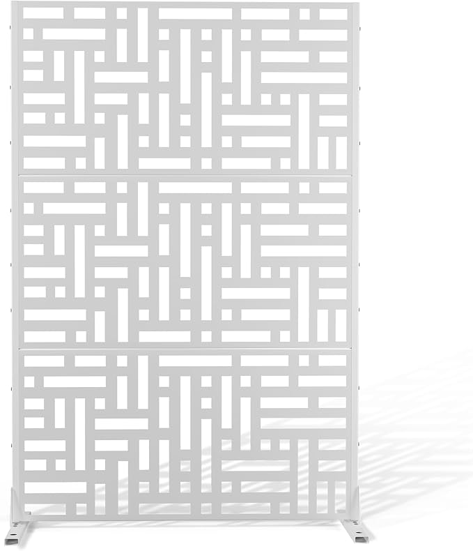 Metal Privacy Screen Outdoor 72" H×47" W,Freestanding Decorative Privacy Screen for Balcony Yard&Garden,Privacy Fence-White&Street