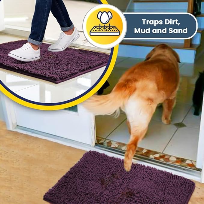 Muddy Mat® | Super Absorbent Door Mat Indoor, Microfiber Quick Dry Chenille Entryway Rug, Non-Slip Front Door Mat, Indoor Mats for Entryway, Machine Washable Pet Rug, Dark Purple 18"x28"