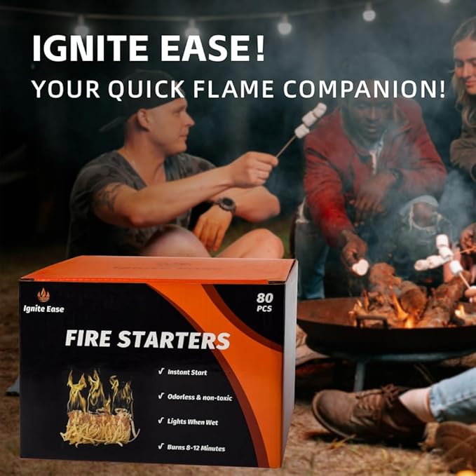 80pcs Natural Fire Starters - Waterproof Firelighters for Campfire, Grill, BBQ, Fire Pit, Fireplace, Wood Stove, Pizza Oven | Charcoal Starter, Odorless & Eco-Friendly