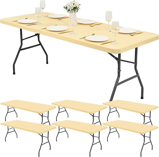 6 Pack Stretch Fabric Table Top Cap Cover, Beige Table Covers fits 8Ft Tables, Washable Elastic Universal Rectangle Tablecloth Protector for Indoor Outdoor Party Picnic Wedding (30" W x 96" L)