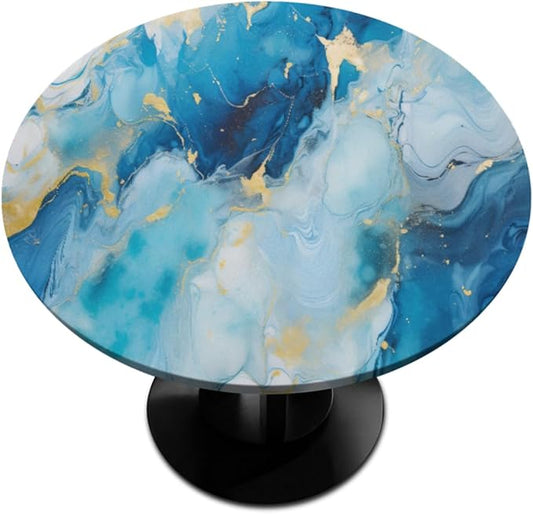 Marble Pattern Ink Blue Round Table Cloth Cover, Elastic Edge Waterproof Wipeable Tablecloths 45"-56" Polyester Tablecloth for Party Restaurant Banquet Holiday Camping Outdoor Picnic