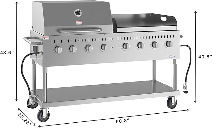 60 in. 8-Burner Commercial Outdoor Propane Gas Grill with 30 in. Roll Dome Cover and 30 in. Griddle in Stainless-Steel, ETL Listed (CGKIT6-D30G30)