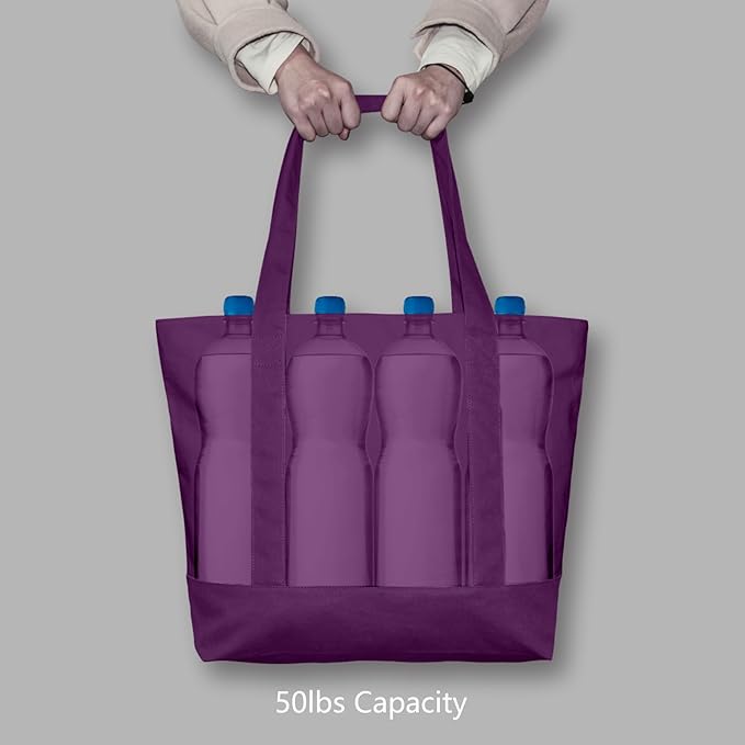 TOPDesign 6-Pack Canvas Tote Bags with an External Pocket, Reusable Grocery Shopping Bags, Top Zipper Closure, Daily Essentials (Purple)