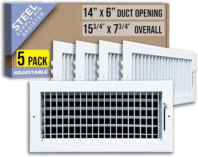 [5 Pack] Fits 14x6 Duct Opening Steel Adjustable Air Supply Grille by Handua | Register Vent Cover Grill for Sidewall and Ceiling | White | Out. Dim.: 15.75" X 7.75"
