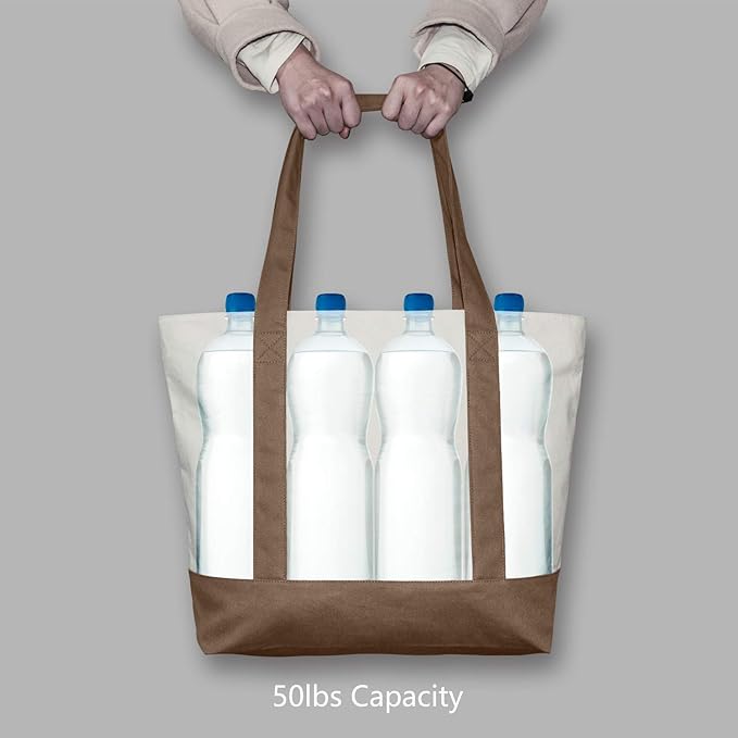 TOPDesign 3-Pack Canvas Tote Bags with an External Pocket, Reusable Grocery Shopping Bags, Top Zipper Closure, Daily Essentials (Brown/Natural)