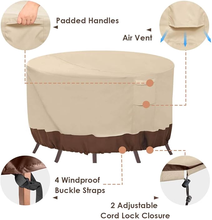 Vailge Round Patio Furniture Covers, 100% Waterproof Outdoor Table Chair Set Covers, Anti-Fading Cover for Outdoor Furniture Set, UV Resistant (Beige&brown, 72"DIAx28"H)