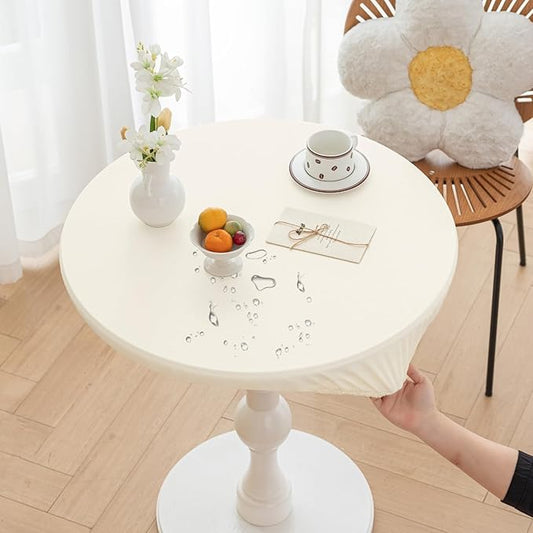Round Fitted PU Tablecloth with High Elastic Edge 63 Inch Dia Waterproof Oil Proof Table Cloth Anti-Scald Stain-Resistant Wipeable Table Cover for Indoor Outdoor Picnic (Cream,63" Dia)