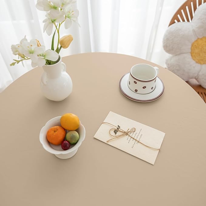 Round Fitted PU Tablecloth with High Elastic Edge 63 Inch Dia Waterproof Oil Proof Table Cloth Anti-Scald Stain-Resistant Wipeable Table Cover for Indoor Outdoor Picnic (Beige,63" Dia)