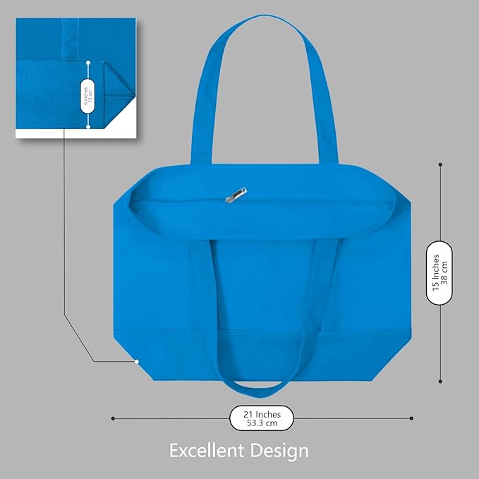 TOPDesign 3-Pack Canvas Tote Bags with an External Pocket, Reusable Grocery Shopping Bags, Top Zipper Closure, Daily Essentials (Ocean Blue)