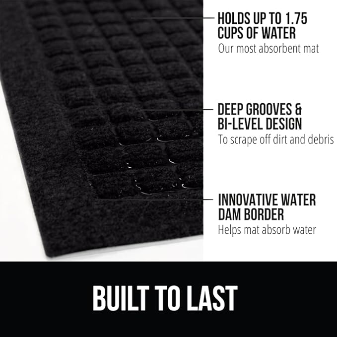 GORILLA GRIP Front Door Mat, Indoor Outdoor Ultra Absorbent HydroAbsorb Doormat, Absorbs Up to 1.7 Cups of Water, Stain and Fade Resistant, Rubber Backing Doormats, Captures Dirt, 2 Pack, 29x17 Black