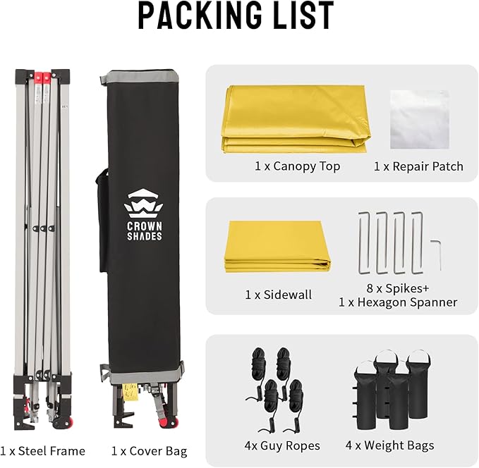CROWN SHADES 8x8 Pop Up Canopy with 1 Side Wall - Beach Tent with One Push Setup - Outdoor Sun Shade for Events, Parties, Camping - Gazebo with STO-N-Go Cover Bag (Yellow)