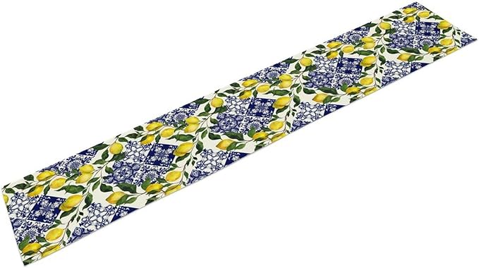 Lemon Fruit Nature Table Runner Farmhouse Talavera Ethnic Folk Rustic Watercolor Blue Dining Table Decoration for Home Holiday Party Dresser Kitchen Cabin Restaurant Wedding Decor 13×60in