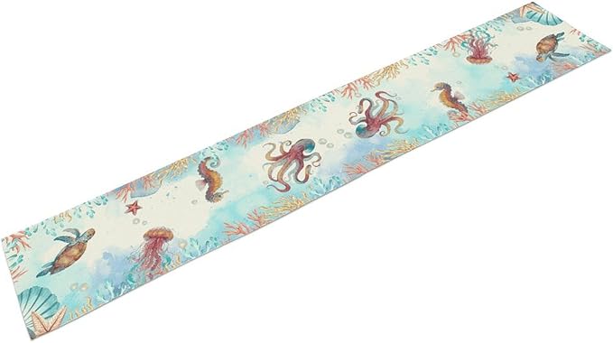 Blue Coastal Table Runner, Nautical Starfish Turtle Seashell Coral Shell Beach Ocean Dining Table Runner for Coffee Table Home Party Decor 13"x108"