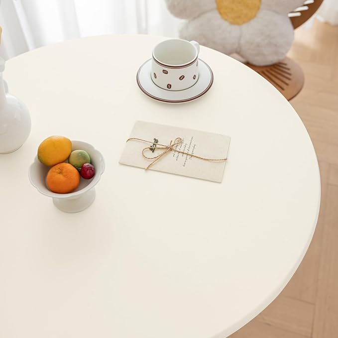 Round Fitted PU Tablecloth with High Elastic Edge 55 Inch Dia Waterproof Oil Proof Table Cloth Anti-Scald Stain-Resistant Wipeable Table Cover for Indoor Outdoor Picnic (Cream,55" Dia)