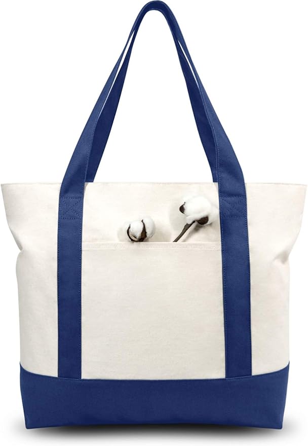TOPDesign 3-Pack Canvas Tote Bags with an External Pocket, Reusable Grocery Shopping Bags, Top Zipper Closure, Daily Essentials (Blue/Natural)