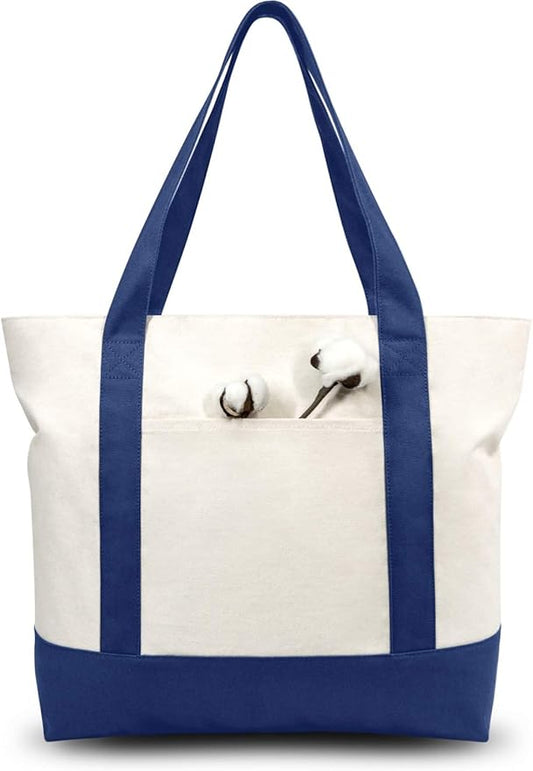 TOPDesign 6-Pack Canvas Tote Bags with an External Pocket, Reusable Grocery Shopping Bags, Top Zipper Closure, Daily Essentials (Blue/Natural)