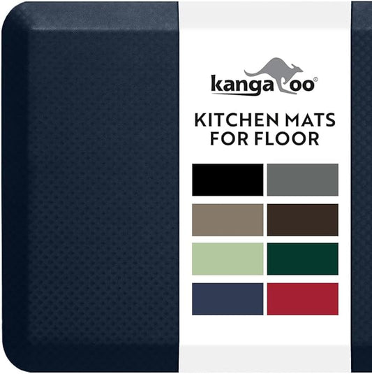 KANGAROO Thick Ergonomic Anti Fatigue Mats for Kitchen Floor, 70x24 Runner, Cushioned Standing Office Desk Mat, Waterproof Scratch Resistant Topside, Supportive All Day Comfort Padded Foam Rugs, Navy