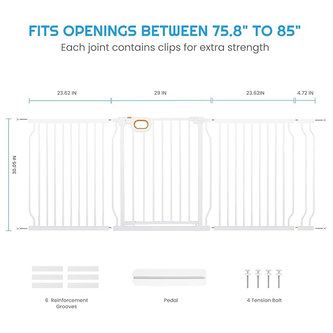 owlie Baby Gate Indoor 75-85 Inch, Extra Wide Safety Gate for Dogs Large Stairway Gate Adjustable Baby Gates Pressure Mount Wide Gates for Pet Stairway Doorways No Drilling White (30.5'' Tall)