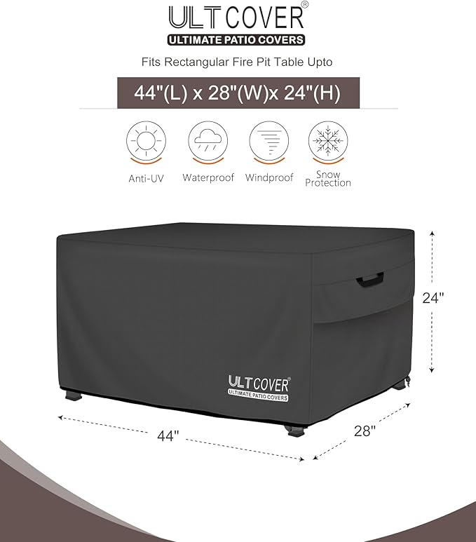 ULTCOVER Rectangular Gas Fire Pit Table Cover 44x28 inch Waterproof Heavy Duty Firepit Cover, Black