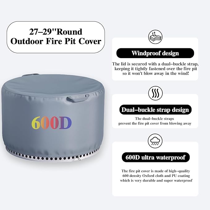 Chinchilla Fire Pit Cover Round for Solo Stove Yukon 28"-29", Waterproof Smokeless Fire Pit Cover, 600D Strong Tear Resistant, Fits for Gas/Table/Bowl Fire pits