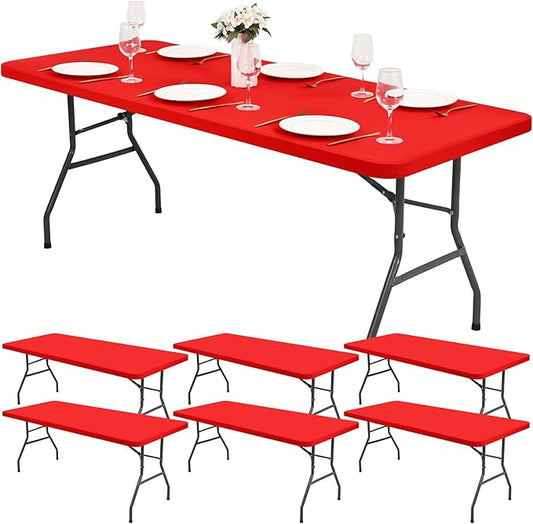6 Pack Stretch Fabric Table Top Cap Cover, Red Table Covers fits 8Ft Tables, Washable Elastic Universal Rectangle Tablecloth Protector for Indoor Outdoor Party Picnic Wedding (30" W x 96" L)