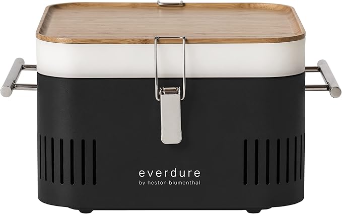 Everdure CUBE Portable Charcoal Grill, Tabletop BBQ, Perfect Tailgate, Beach, Patio, or Camping Grill, Lightweight & Compact Small Grill with Preparation Board & Food Storage Tray, Matte Black