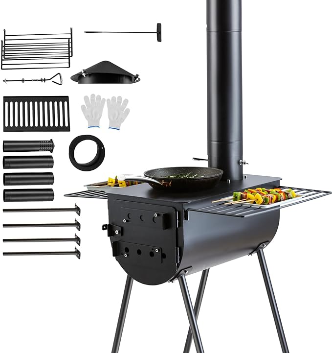 VEVOR 118" Camping Wood Stove, Portable Alloy Steel Tent Stove with 3000in³ Firebox, Outdoor Heating & Cooking Stove with Chimney Pipes & Gloves, Includes 8 Pipes for Efficient Heating