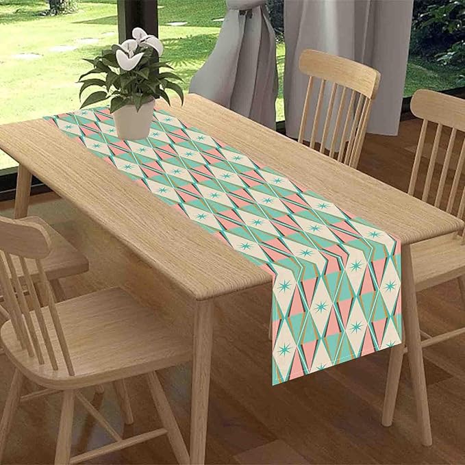 Geometric Table Runner, Retro Mid Century 1950s Modern Abstract Teal Pink Checkboard Coffee Table Center Decor for Home Kitchen Dining Patio Holiday Party Table Decorations, 13"x72" Inch