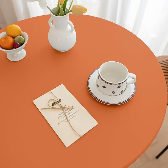 Fall Round Fitted PU Tablecloth with High Elastic Edge 63 Inch Dia Waterproof Oil Proof Table Cloth Anti-Scald Stain-Resistant Wipeable Table Cover for Indoor Outdoor Picnic (Orange,63" Dia)